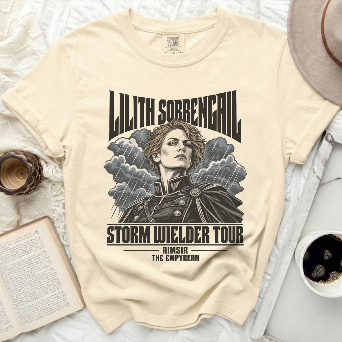 Lilith Sorrengail Storm Wielder Tour t-shirt featuring a woman in a military-style uniform.