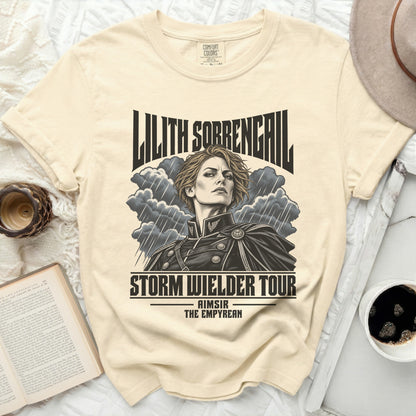 Lilith Sorrengail Storm Wielder Tour t-shirt featuring a woman in a military-style uniform.
