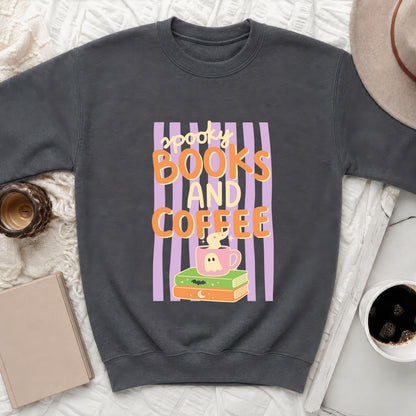 Dark gray sweatshirt with "Spooky Books And Coffee" text and Halloween graphics.