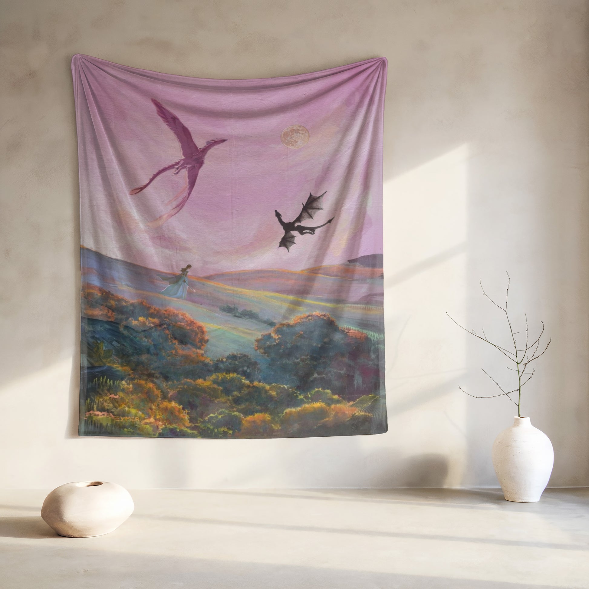 Tapestry with a young woman and two dragons against a pink sunset sky.