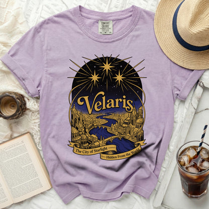 Lavender t-shirt with "Velaris The City of Starlight" graphic.