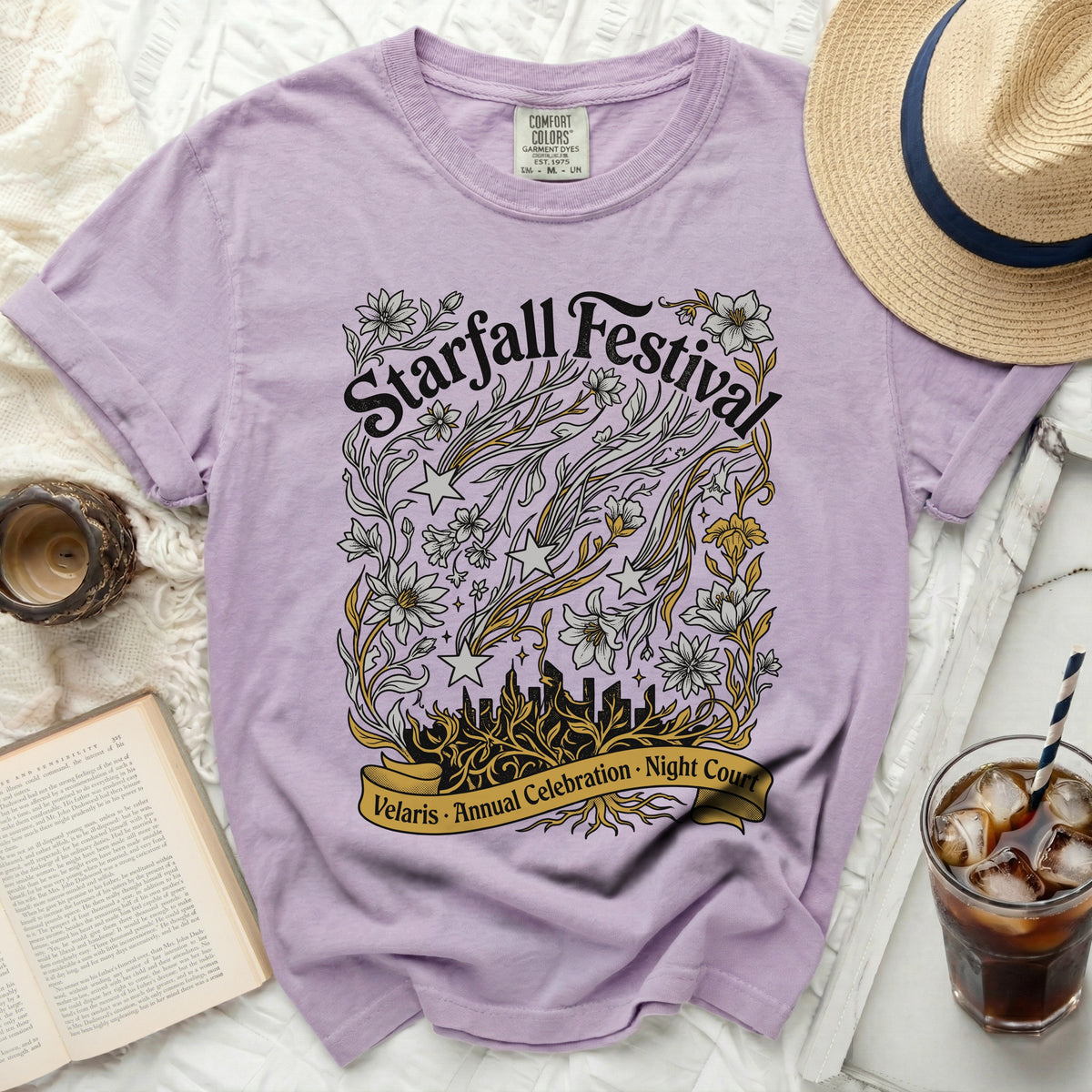 Lavender t-shirt with "Starfall Festival" and "Velaris Annual Celebration Night Court" graphic.