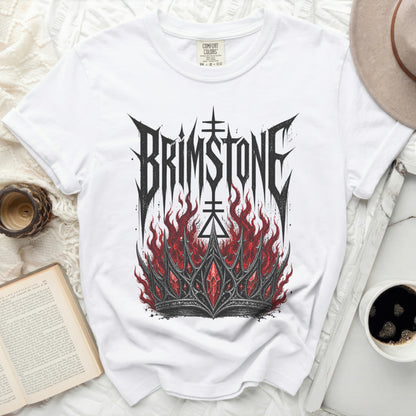 White t-shirt with "BRIMSTONE" in gothic font over a jeweled crown.