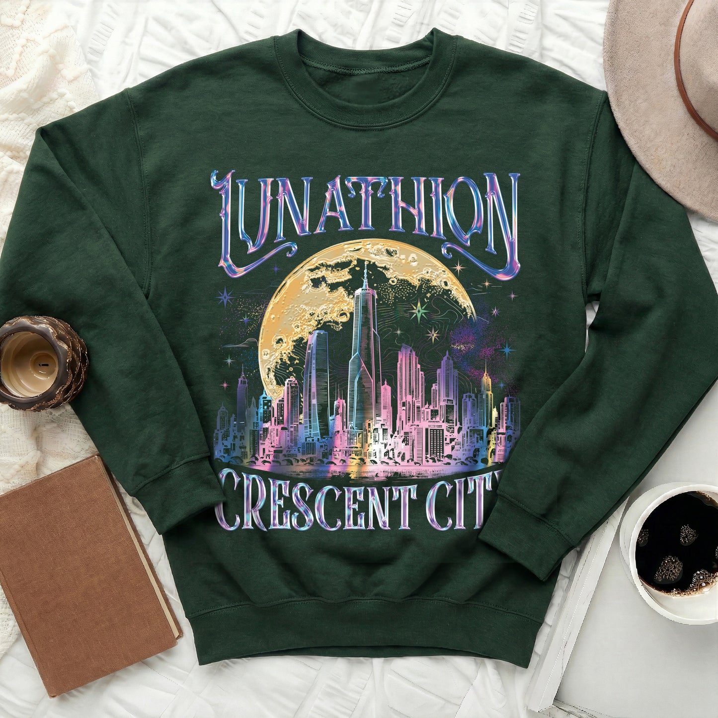 Dark green sweatshirt with "LUNATHION CRESCENT CITY" and a colorful cityscape.