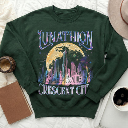 Dark green sweatshirt with "LUNATHION CRESCENT CITY" and a colorful cityscape.