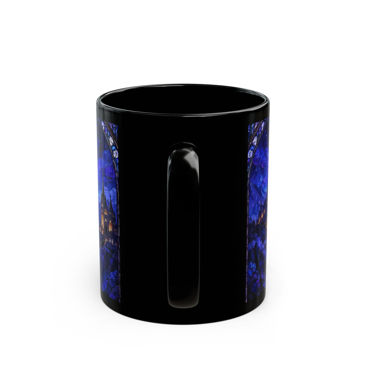 A black ceramic mug featuring a blue stained-glass castle design on the side against a white background.