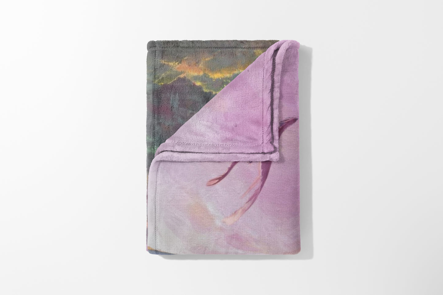 Faux fur throw blanket with abstract pink and gray watercolor floral design.