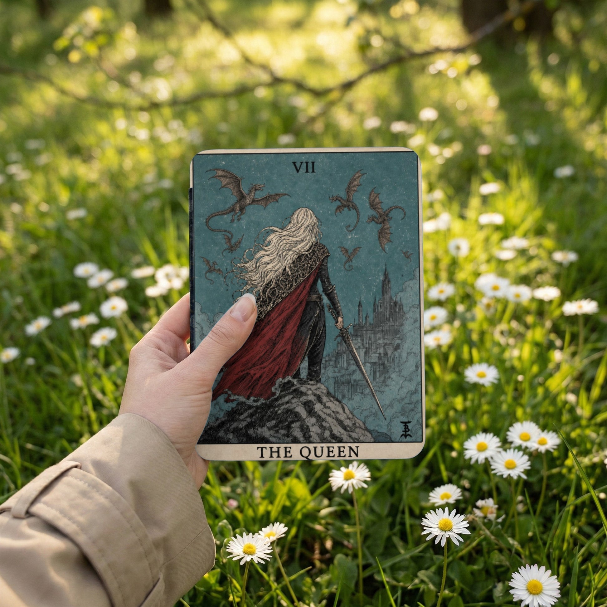 Tarot card "The Queen" with medieval queen, dragons, and castle illustration held outdoors amidst grass and daisies.
