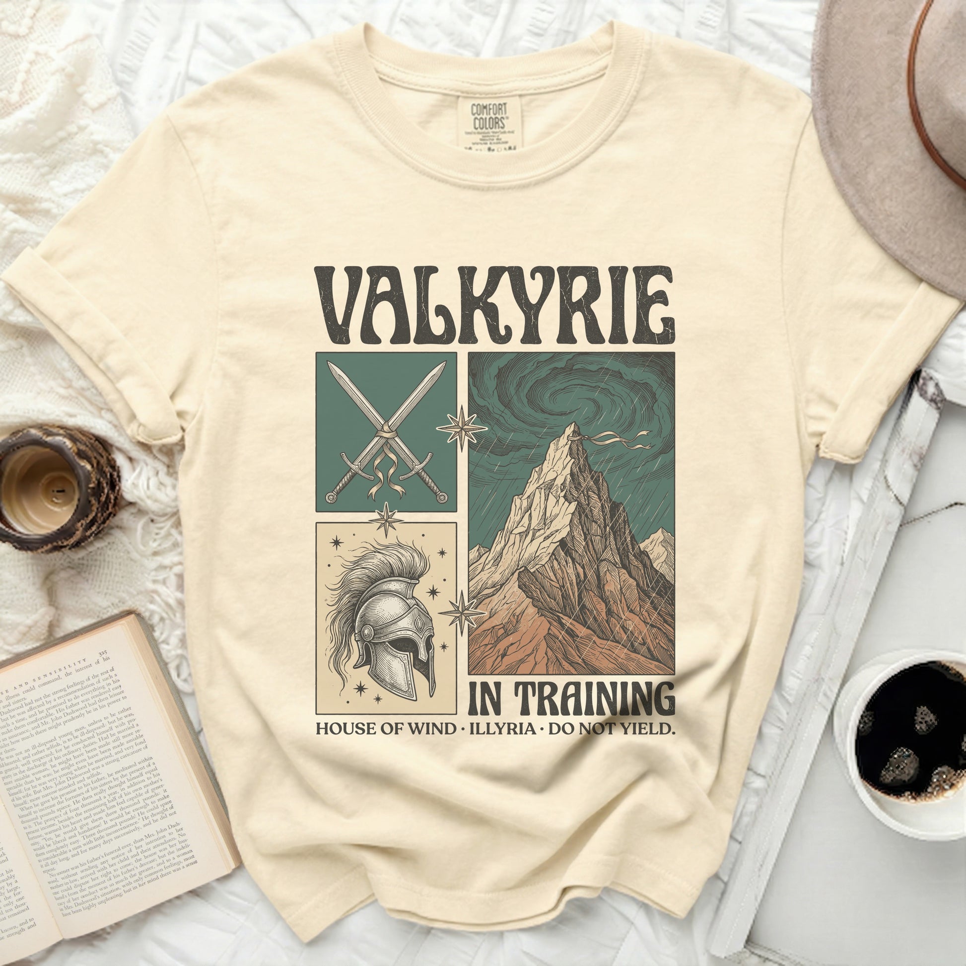 Valkyrie in Training graphic tee with swords, helmet, and mountain artwork.