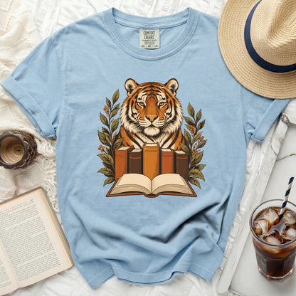 Blue t-shirt with tiger and book graphic, Comfort Colors tag visible.