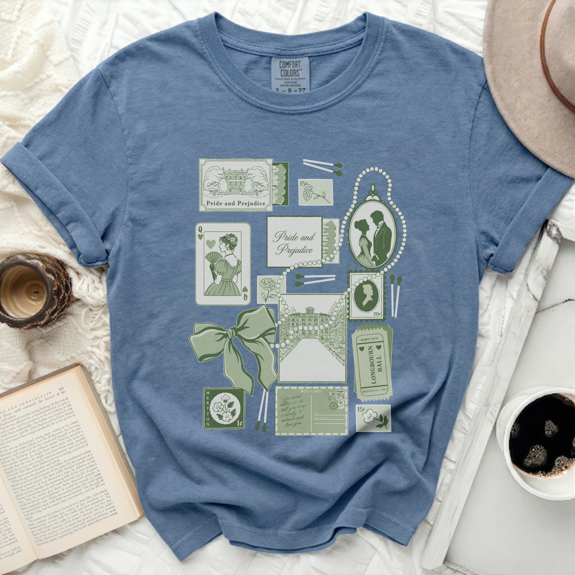 Blue Comfort Colors t-shirt featuring "Pride and Prejudice" motifs.