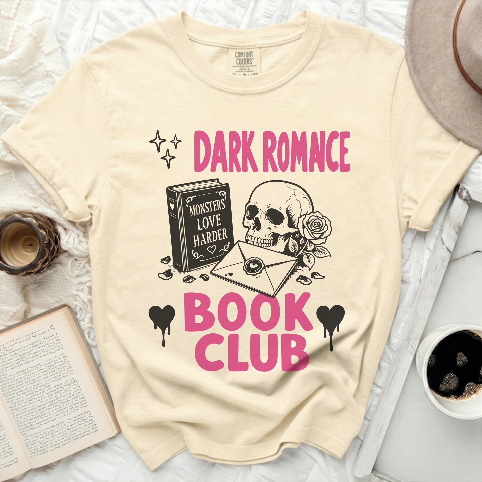 Cream t-shirt with skull, rose, and book design for "Dark Romance Book Club".