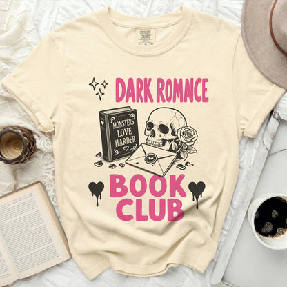 Cream t-shirt with skull, rose, and book design for "Dark Romance Book Club".