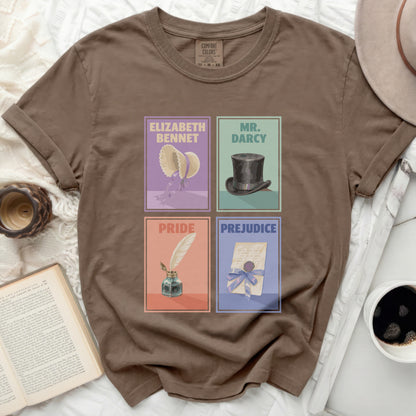 Brown t-shirt with four illustrations: Elizabeth Bennet, Mr. Darcy, Pride, Prejudice.