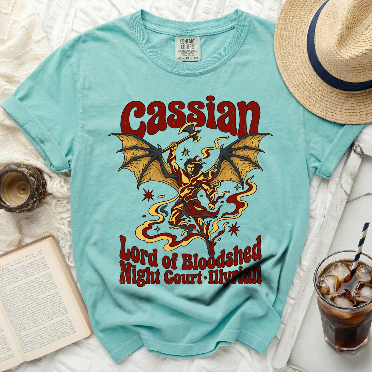 Teal t-shirt with Cassian Lord of Bloodshed Night Court Illiyian graphic.