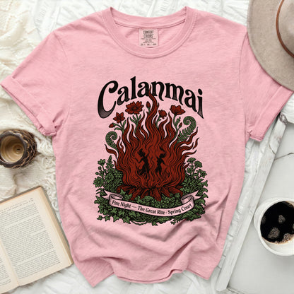Pink t-shirt with "Calanmai" and a fire graphic "Fire Night - The Great Rite - Spring Court"