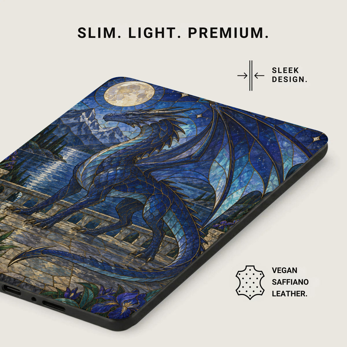 Phone case with a blue dragon mosaic design, vegan Saffiano leather.