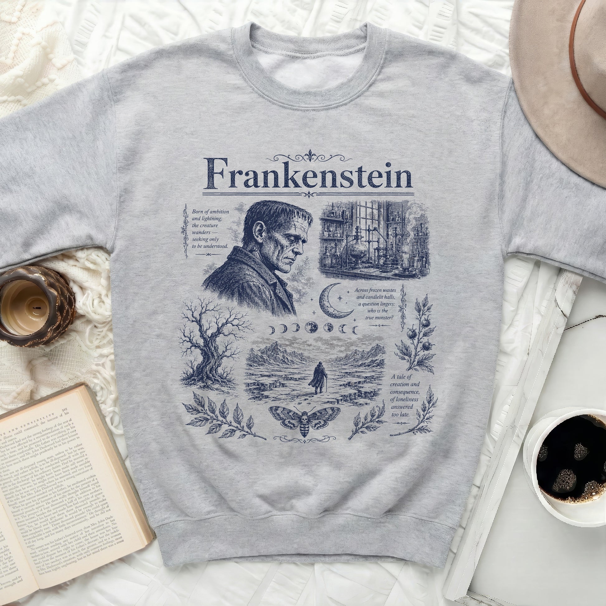 Frankenstein crewneck sweatshirt with a graphic of the creature and literary elements