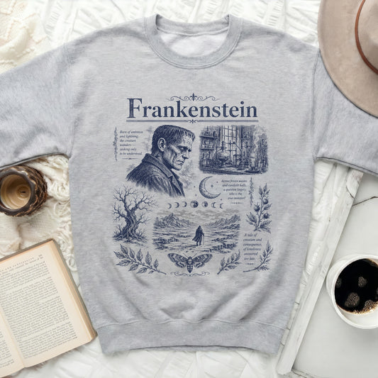 Frankenstein crewneck sweatshirt with a graphic of the creature and literary elements
