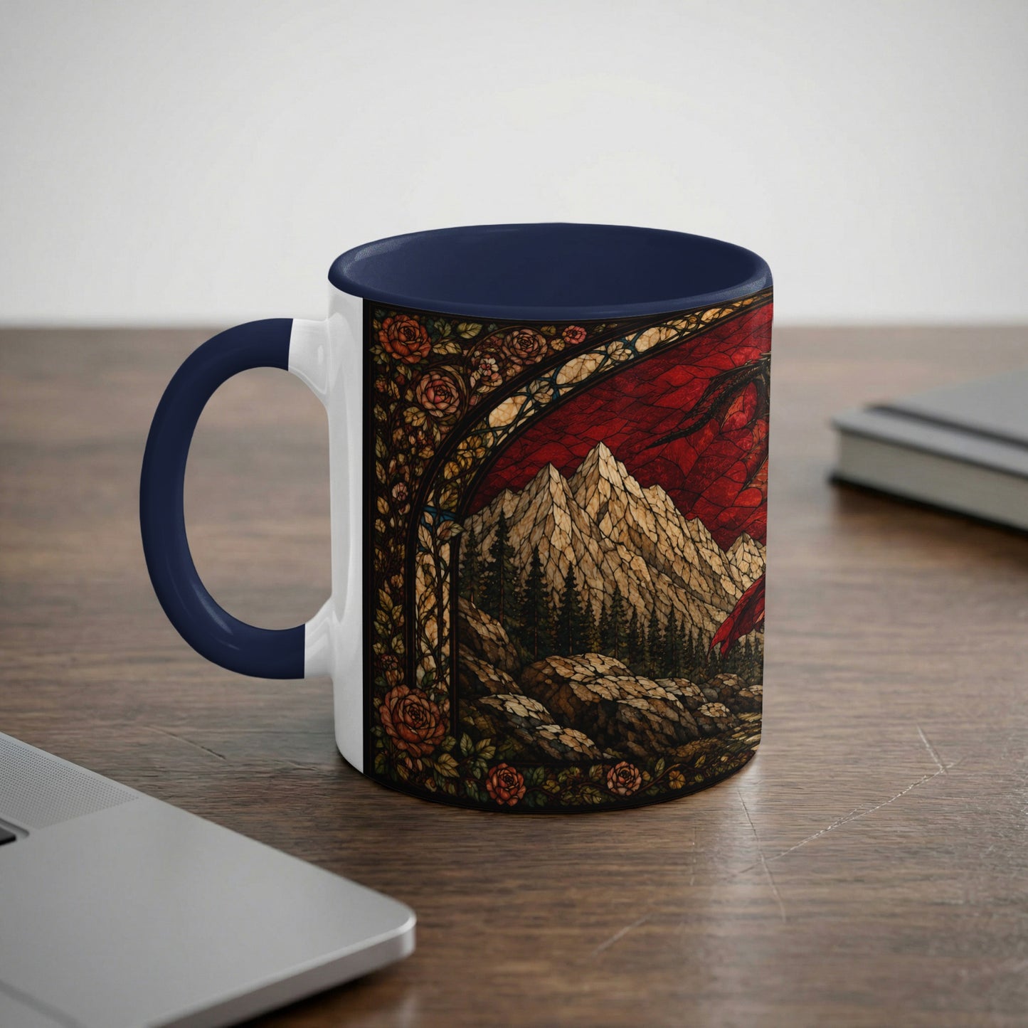 Mug with stained glass design of a dragon over mountains and roses.