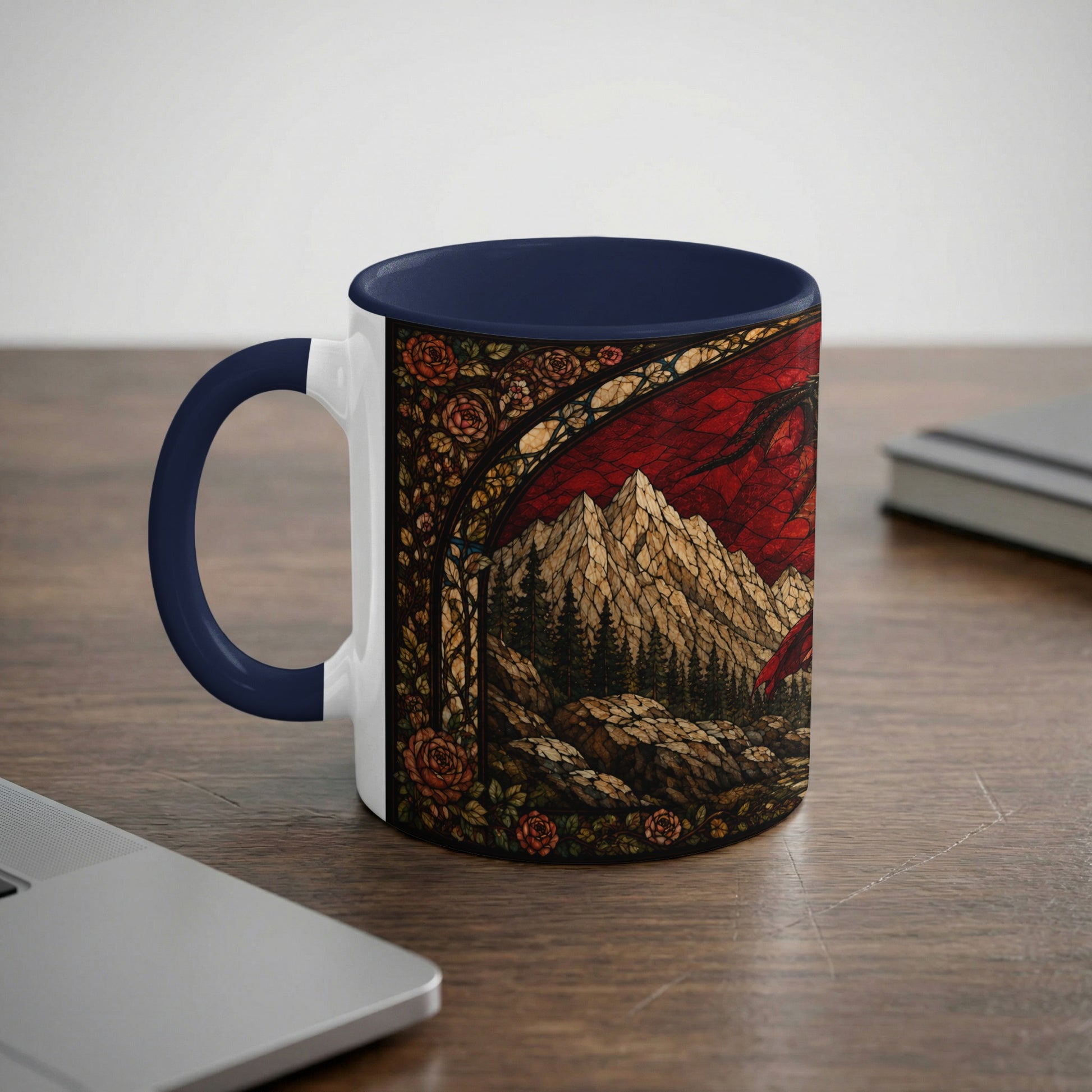 Mug with stained glass design of a dragon over mountains and roses.