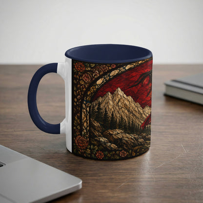 Mug with stained glass design of a dragon over mountains and roses.