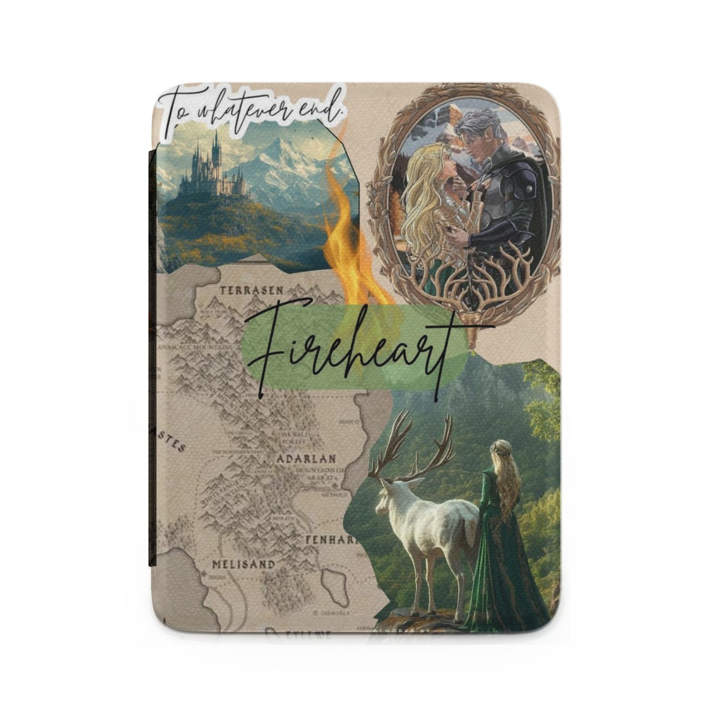 Collage with "To whatever end" text, medieval castle, embracing couple, map, and woman with white stag.