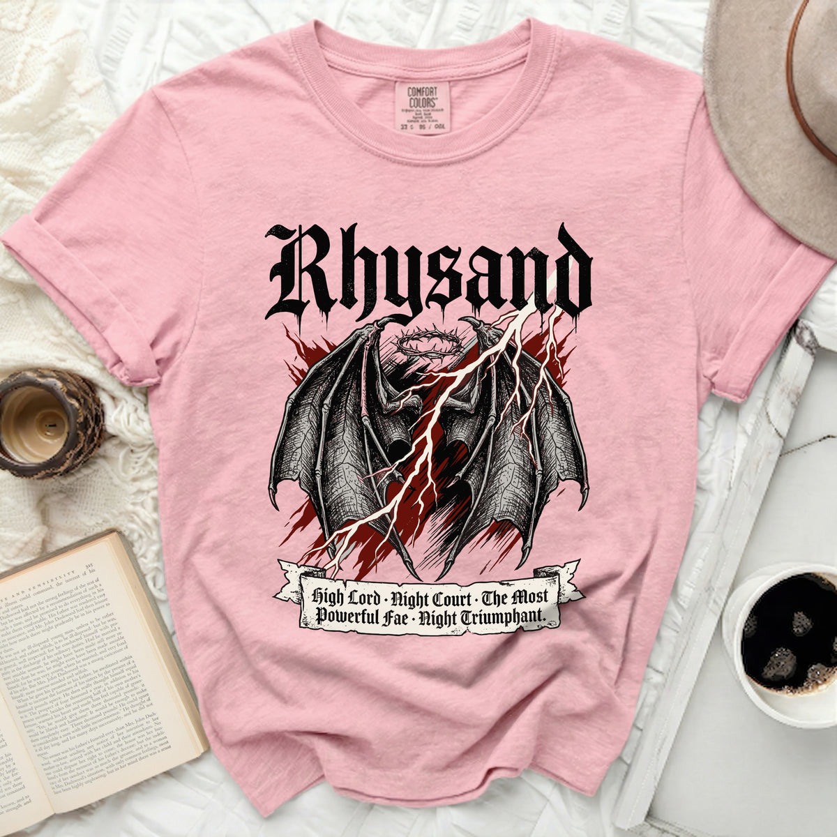Pink t-shirt with Rhysand graphic featuring wings, crown, and lightning.