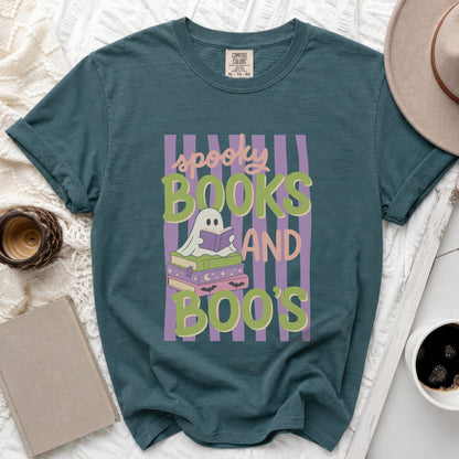 Teal t-shirt with "Spooky Books and Boo's" text and ghost reading book.