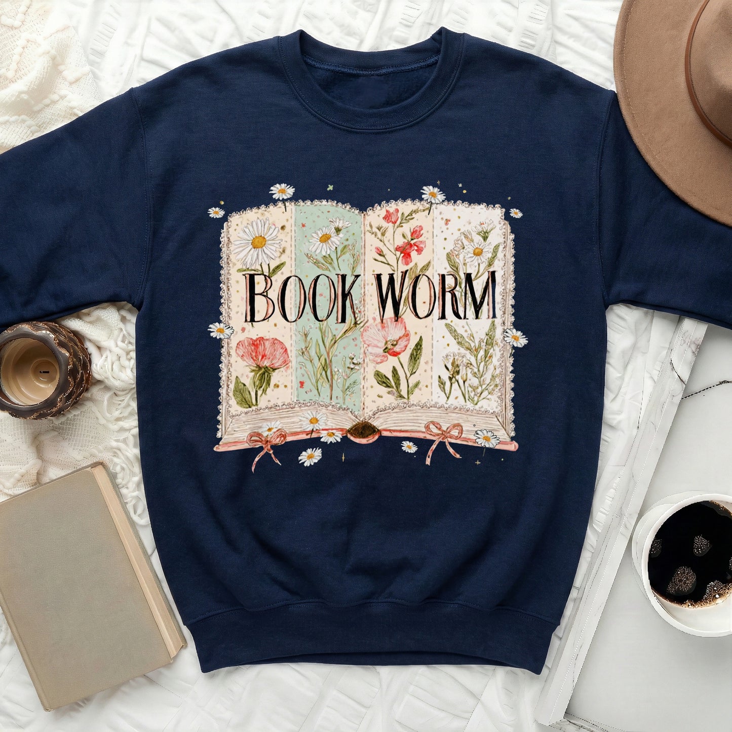 Book Worm Floral Themed Navy Blue Sweatshirt