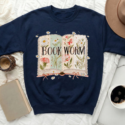 Book Worm Floral Themed Navy Blue Sweatshirt