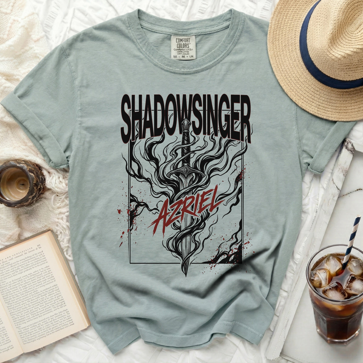 Shadowsinger graphic t-shirt featuring a sword and the name Azriel.