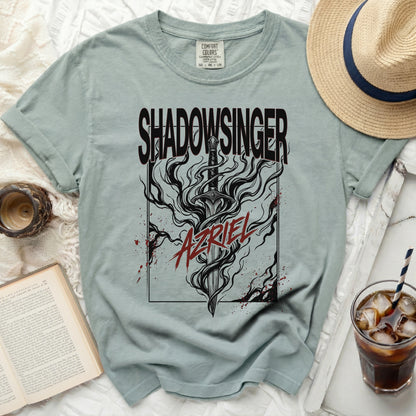Shadowsinger graphic t-shirt featuring a sword and the name Azriel.