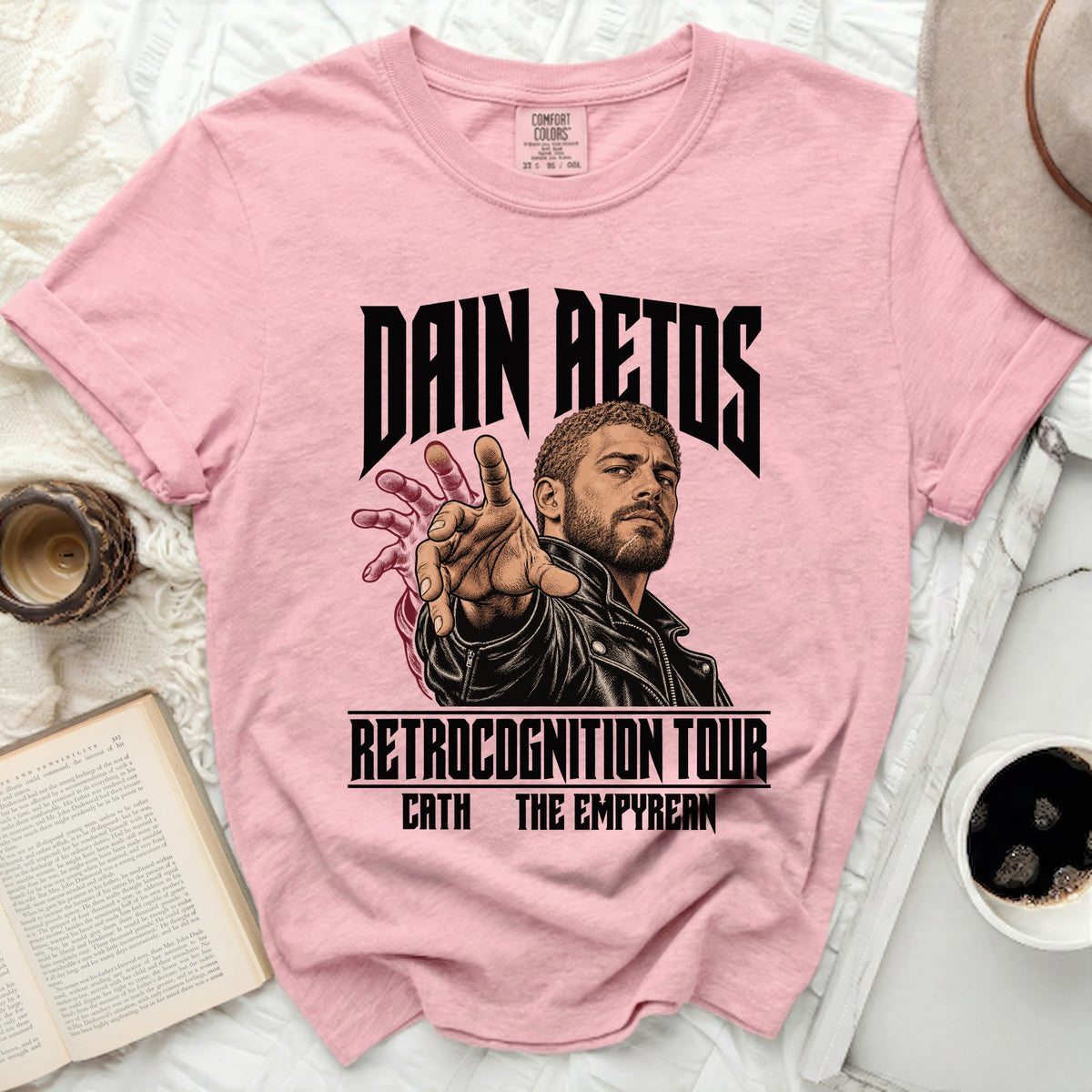 Pink t-shirt with Dain Aetos "Retrocognition Tour" graphic featuring his portrait.