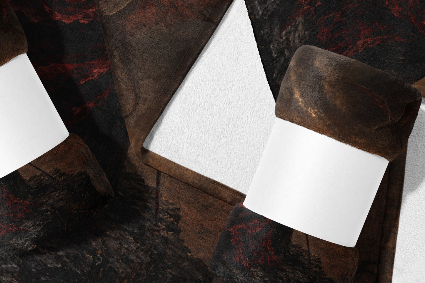 Rolls of dark brown faux fur fabric with white labels, detailed texture.