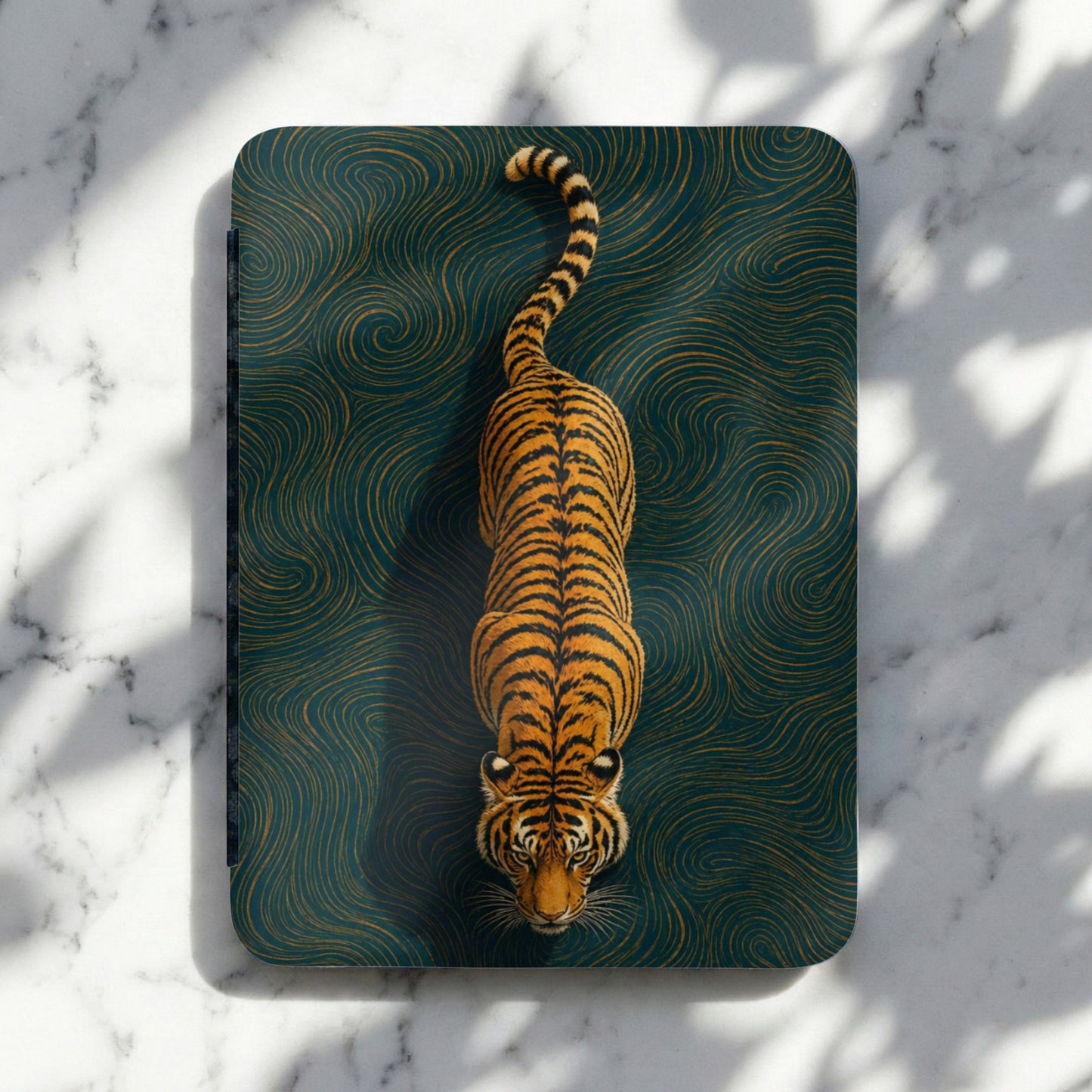 Tiger illustration on a dark green wavy background with gold swirls.