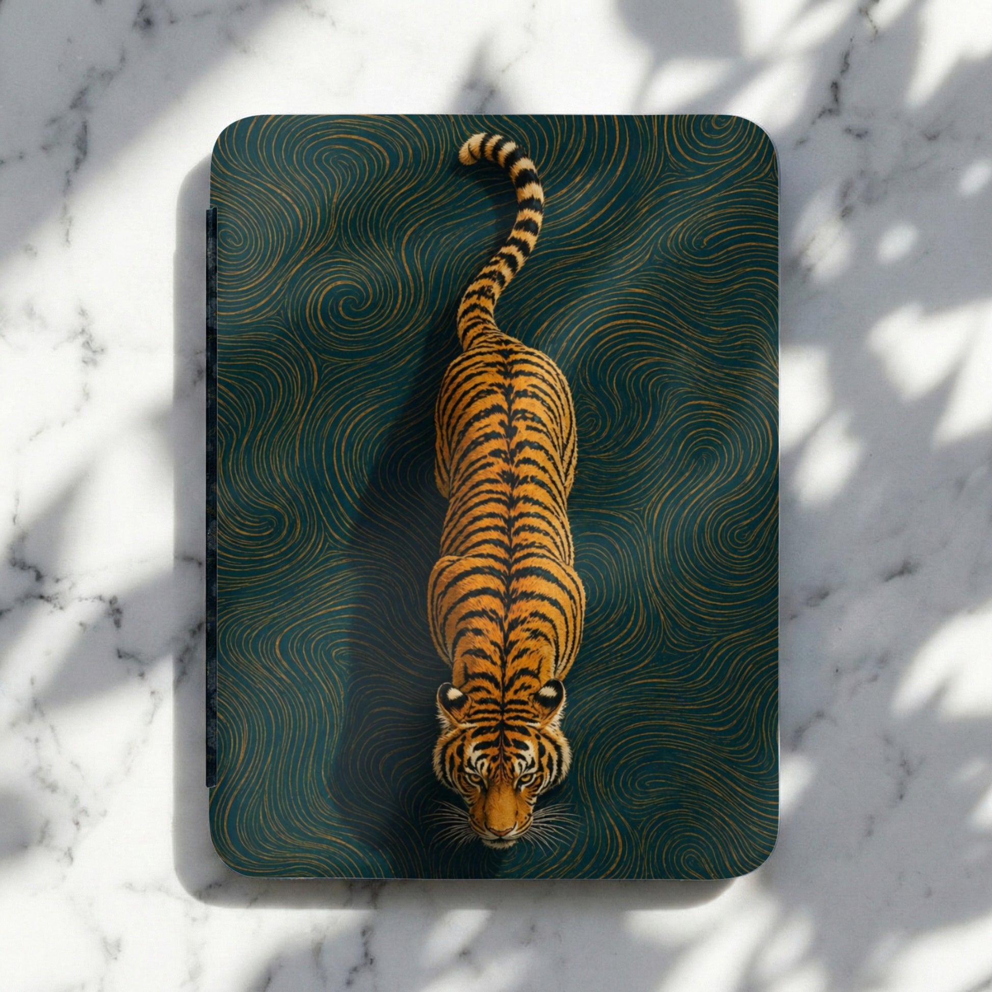 Tiger illustration on a dark green wavy background with gold swirls.