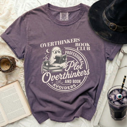 Purple t-shirt with "Overthinkers Book Club Professional Plot Overthinkers and Book Avoiders" design.