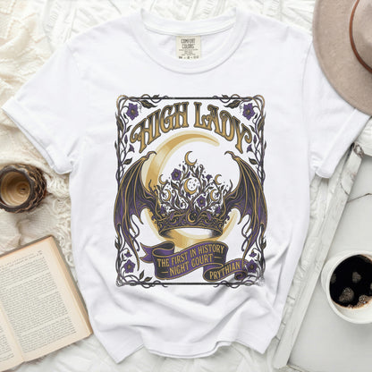 White t-shirt with "High Lady, The First in History Night Court, Phythian" graphic.