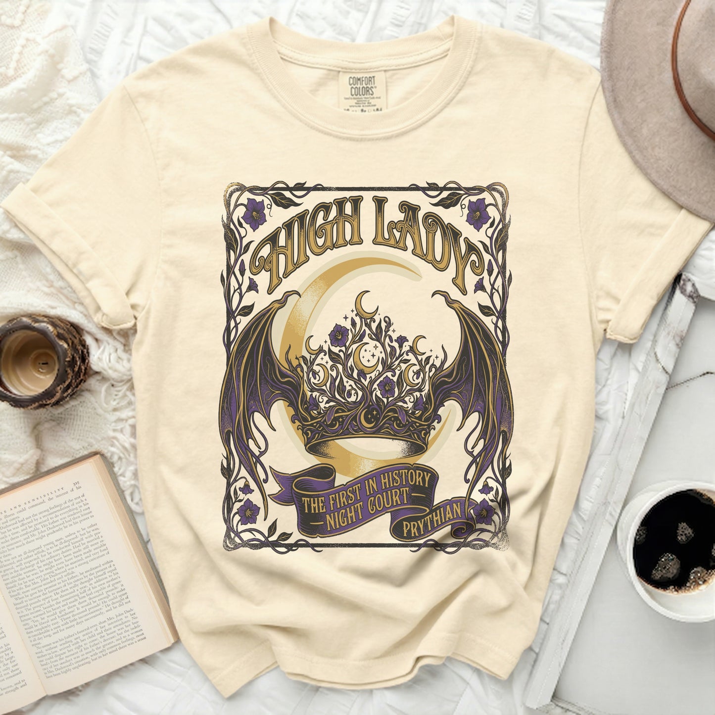 Cream t-shirt with "High Lady Night Court Prythian" graphic and celestial design.