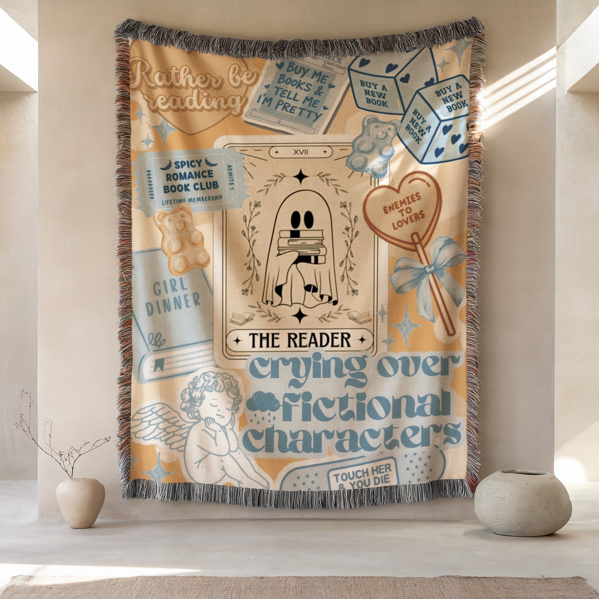 a large tapestry hanging on a wall, with various text and illustrations related to reading and storytelling.