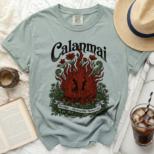 Light blue t-shirt with "Calanmai Fire Night - The Great Rite - Spring Court" graphic.