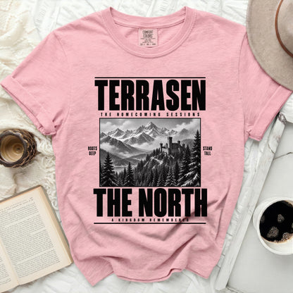 Pink t-shirt with "TERRASEN THE HOMECOMING SESSIONS THE NORTH" text and castle art.