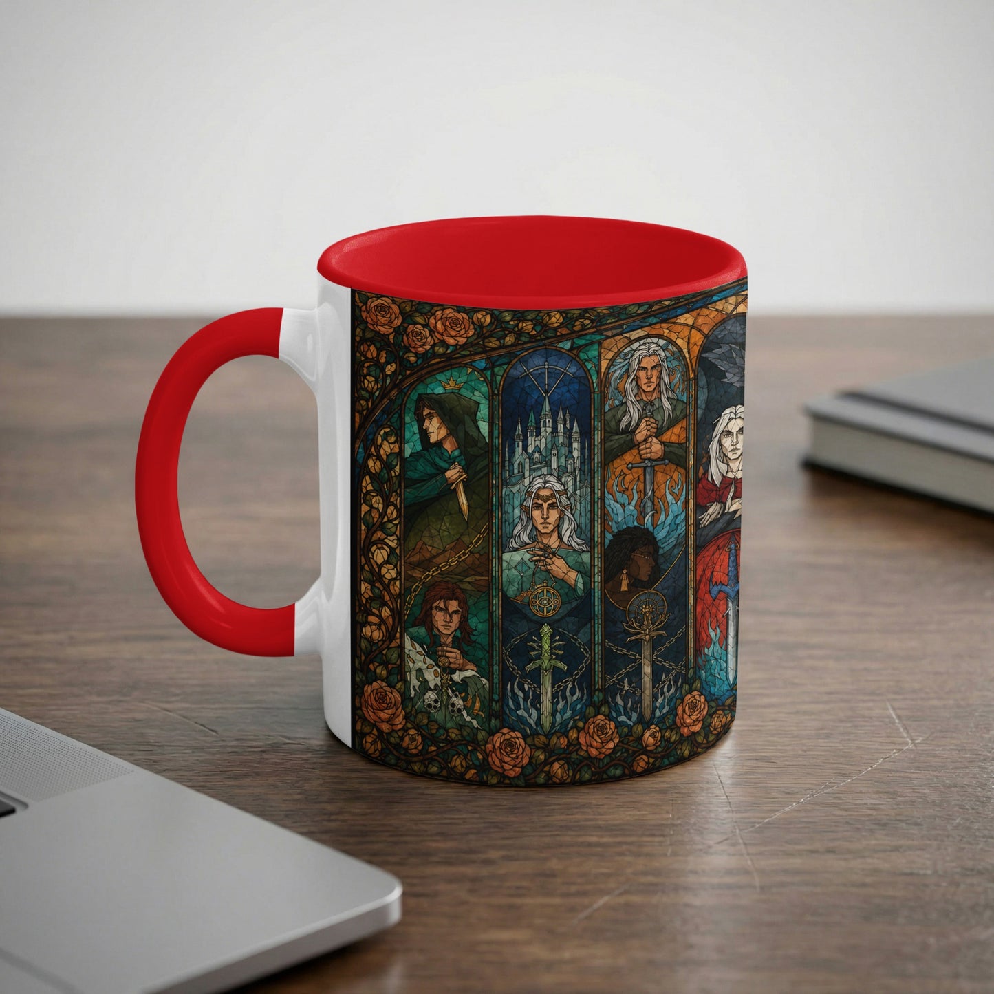Mug with stained glass pattern featuring multiple figures and roses.