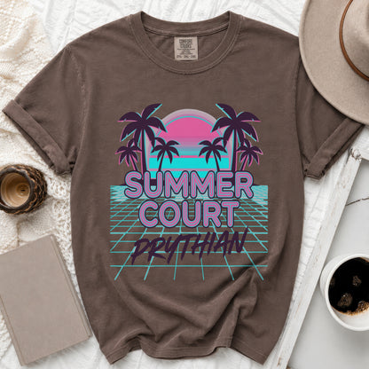 Brown Comfort Colors t-shirt with retro "Summer Court Prythian" sunset palm tree graphic.