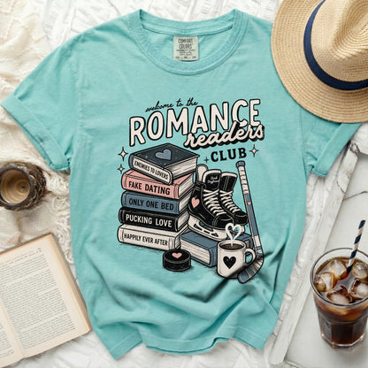 Aqua t-shirt with "Romance Readers Club" and book genre titles.