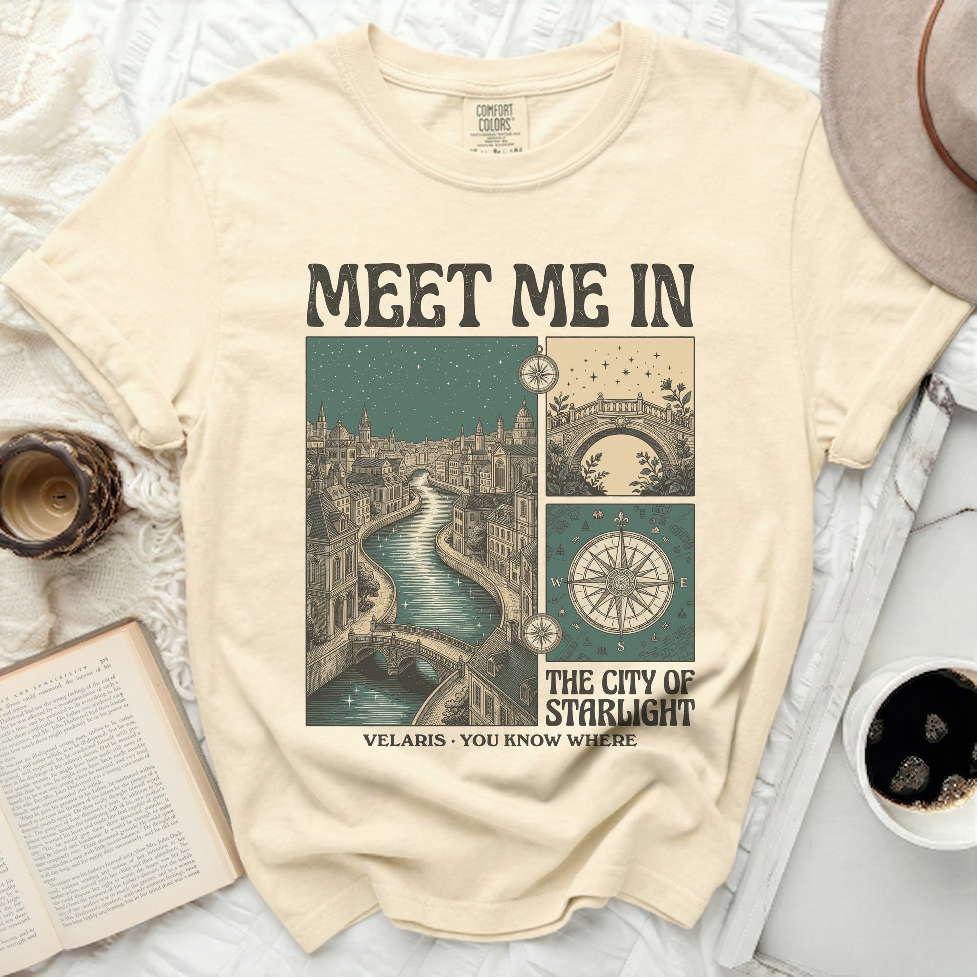 Comfort Colors t-shirt with "Meet Me In The City Of Starlight Velaris You Know Where" graphic.