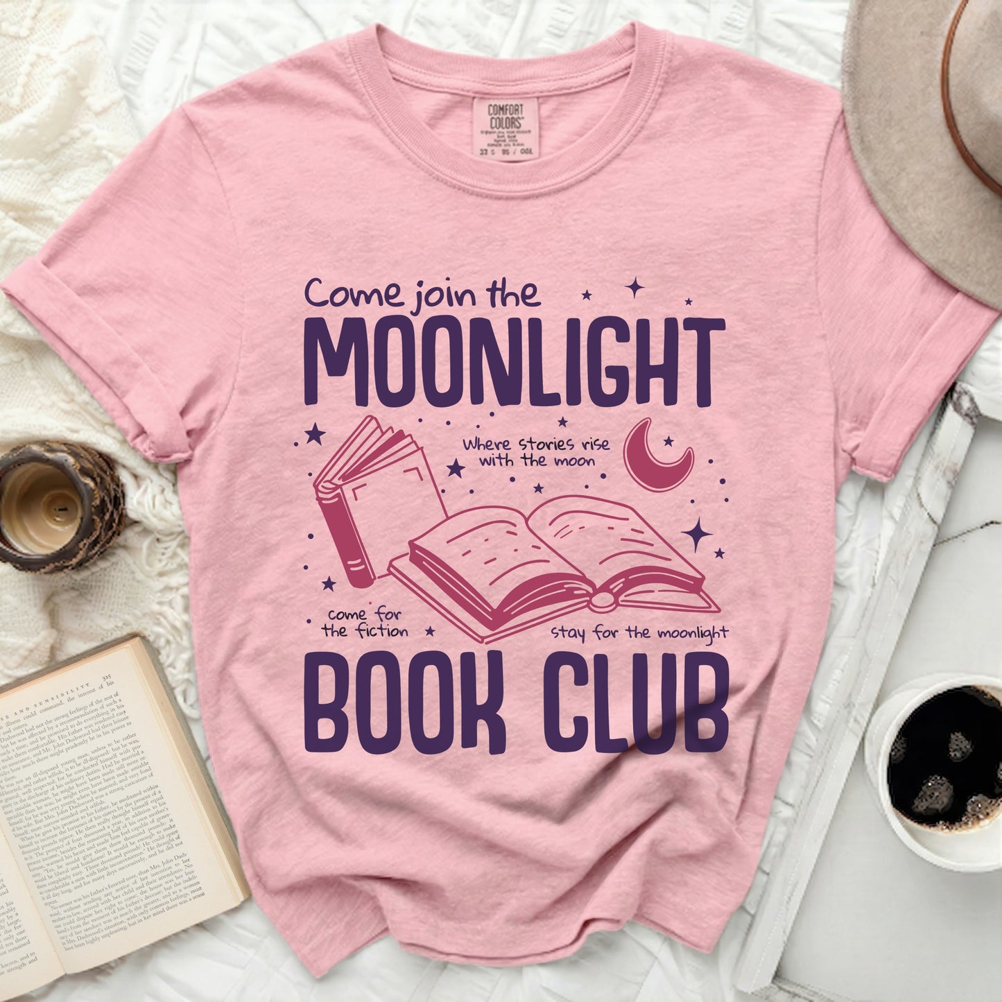 Pink t-shirt with "Come join the MOONLIGHT BOOK CLUB" graphic.