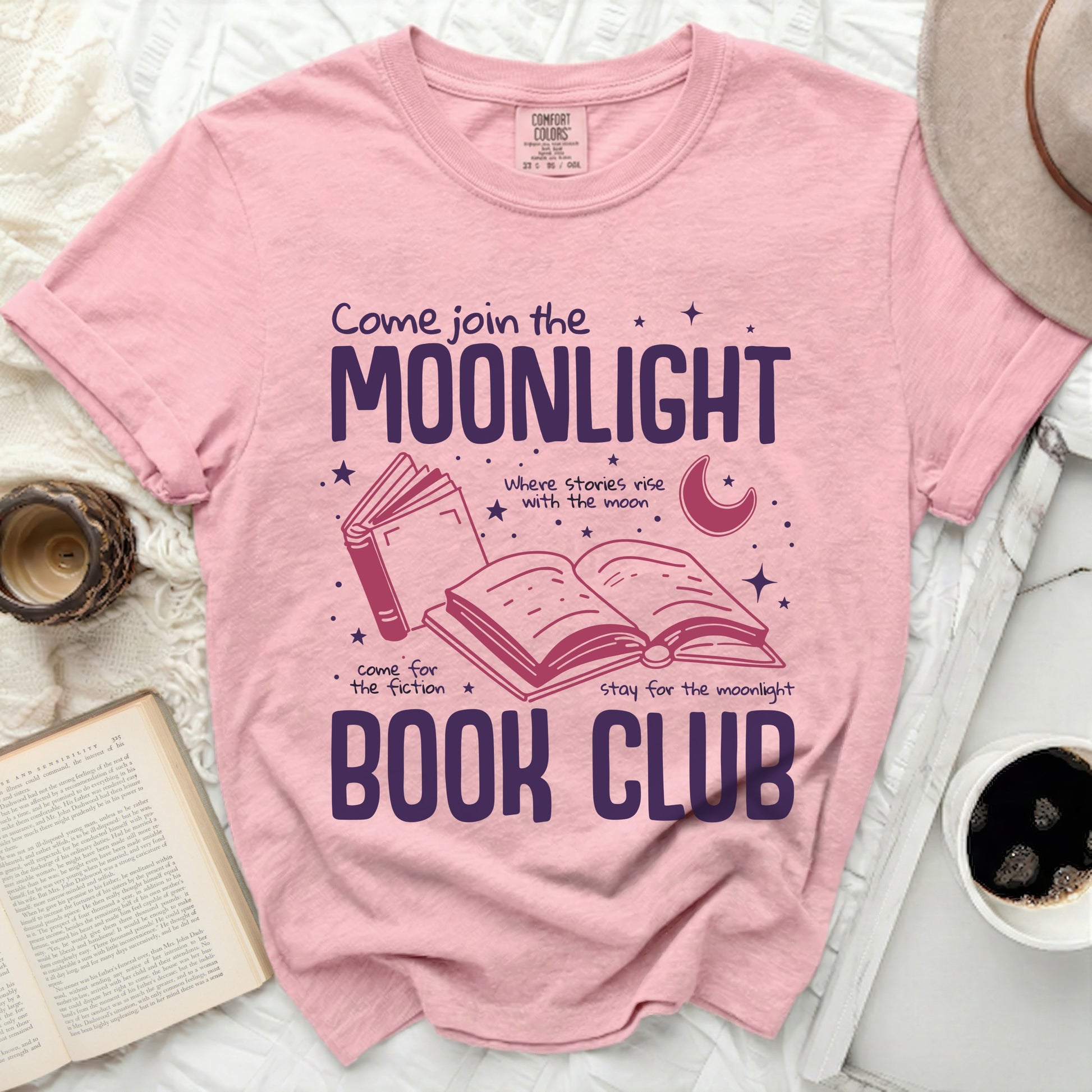 Pink t-shirt with "Come join the MOONLIGHT BOOK CLUB" graphic.