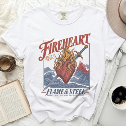 White t-shirt with "Fireheart Queen of Terrasen" and "Flame & Steel" text design.